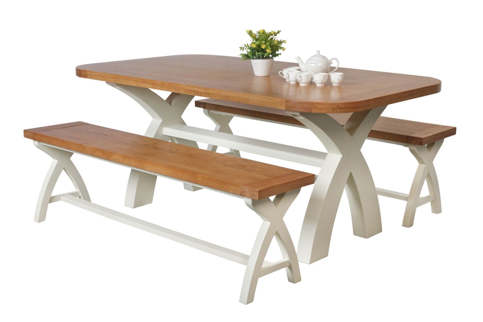Country Oak 180cm cream painted dining table pair 160cm cross leg benches - SUMMER SALE Country Oak 180cm cream painted dining table pair 160cm cross leg benches - SUMMER SALE