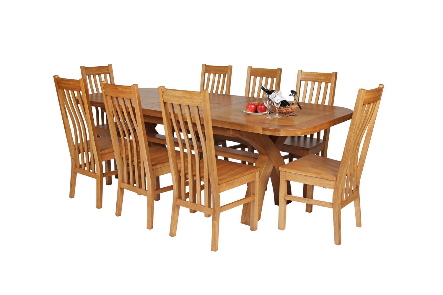 Country Oak 230cm Cross Leg Oval Table and 8 Chelsea Timber Seat Chairs Country Oak 230cm Cross Leg Oval Table and 8 Chelsea Timber Seat Chairs