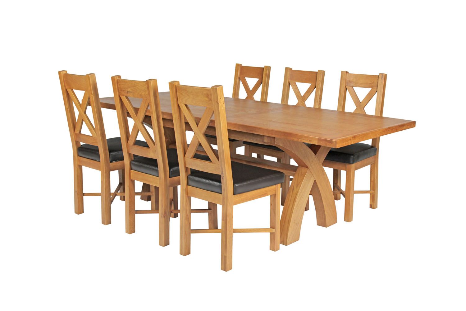 Country Oak 230cm Cross Leg Table and 6 Grasmere Brown Leather Chairs - SUMMER SALE Country Oak 230cm Cross Leg Table and 6 Grasmere Brown Leather Chairs - SUMMER SALE