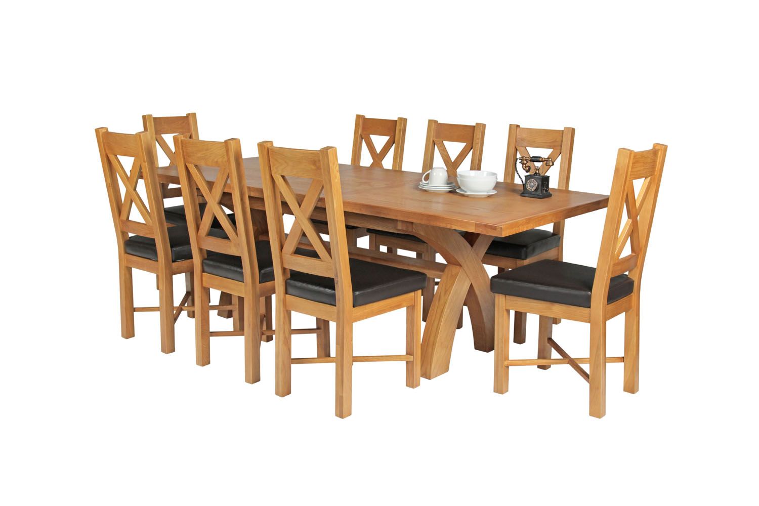 Country Oak 230cm Cross Leg Table and 8 Grasmere Brown Leather Chairs Set - SUMMER SALE Country Oak 230cm Cross Leg Table and 8 Grasmere Brown Leather Chairs Set - SUMMER SALE