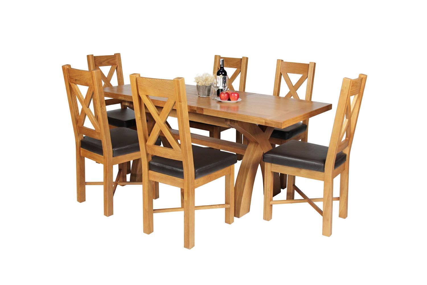 Country Oak 180cm Extending X Leg Table and 6 Grasmere Brown Leather Chairs Set - SUMMER SALE Country Oak 180cm Extending X Leg Table and 6 Grasmere Brown Leather Chairs Set - SUMMER SALE