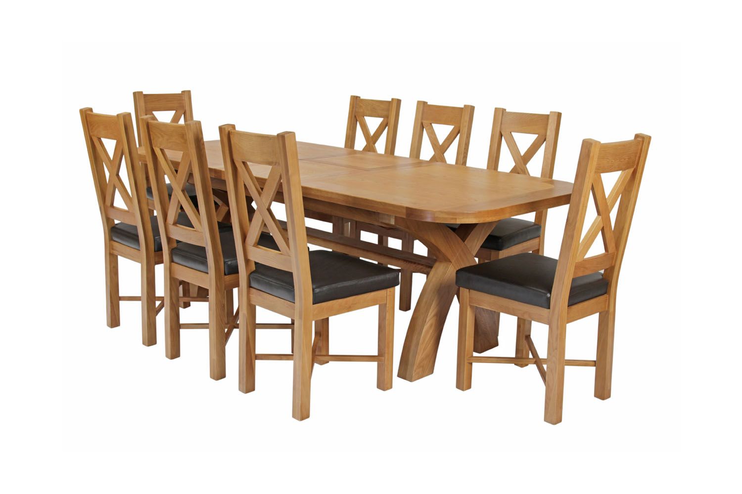 Country Oak 280cm Extending Cross Leg Oval Table and 8 Grasmere Brown Leather Chairs - SUMMER MEGA DEAL Country Oak 280cm Extending Cross Leg Oval Table and 8 Grasmere Brown Leather Chairs - SUMMER MEGA DEAL