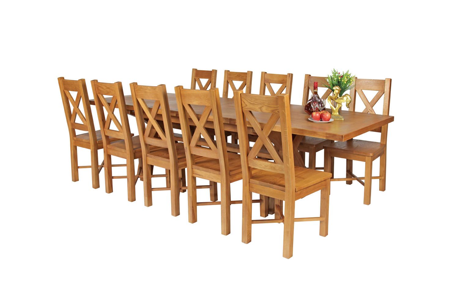 Country Oak 280cm Extending Cross Leg Square Table and 10 Grasmere Timber Seat Chairs Country Oak 280cm Extending Cross Leg Square Table and 10 Grasmere Timber Seat Chairs