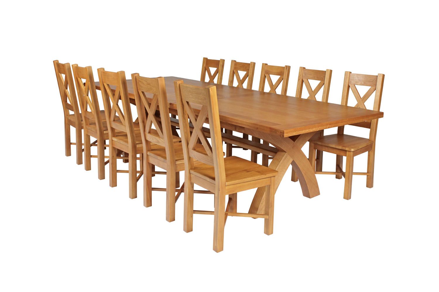 Country Oak 340cm Extending Cross Leg Square Table and 10 Grasmere Timber Seat Chairs Country Oak 340cm Extending Cross Leg Square Table and 10 Grasmere Timber Seat Chairs
