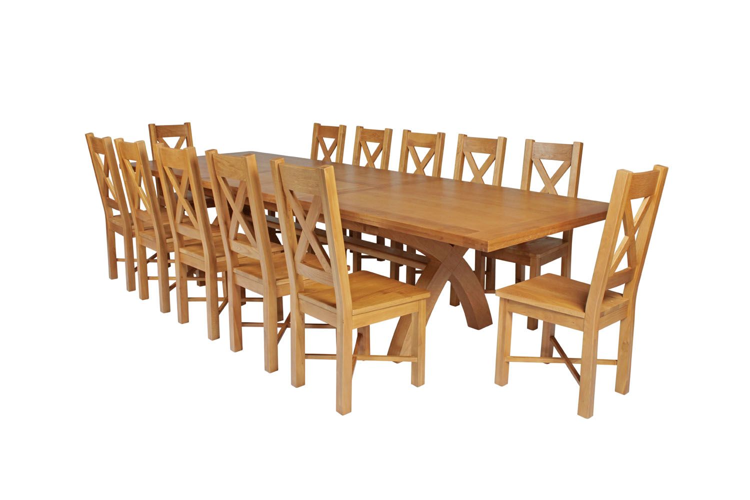 Country Oak 340cm Extending Cross Leg Square Table and 12 Grasmere Timber Seat Chairs Country Oak 340cm Extending Cross Leg Square Table and 12 Grasmere Timber Seat Chairs
