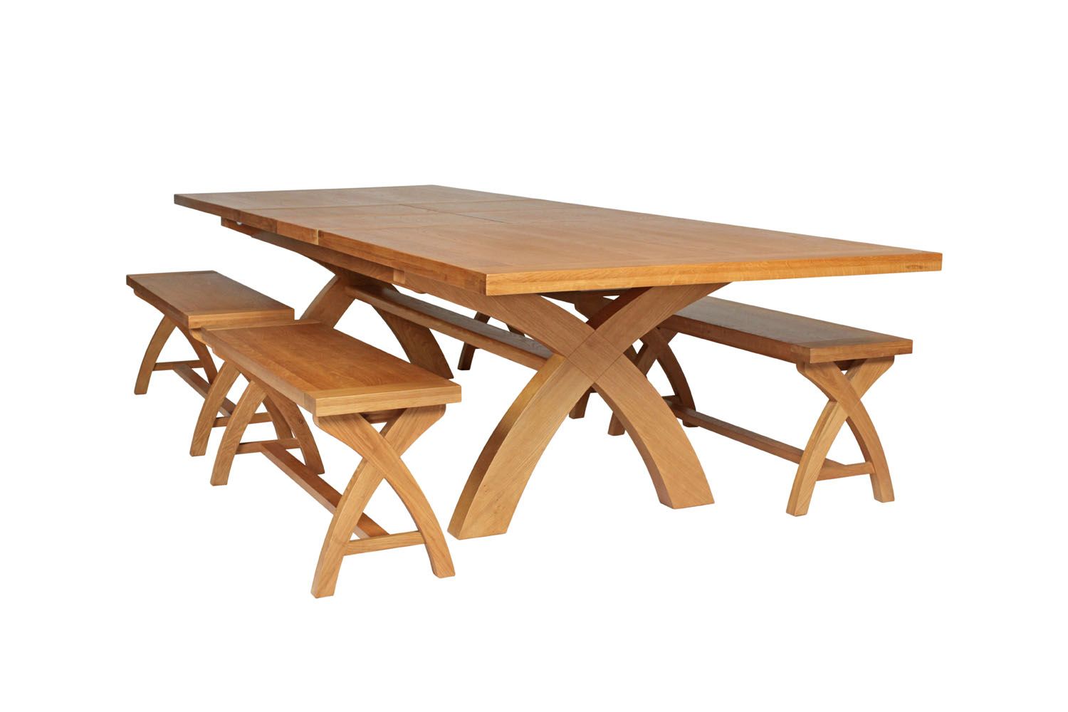 Country Oak 340cm Extending Cross Leg Table and 4 120cm Cross Leg Bench Set Country Oak 340cm Extending Cross Leg Table and 4 120cm Cross Leg Bench Set