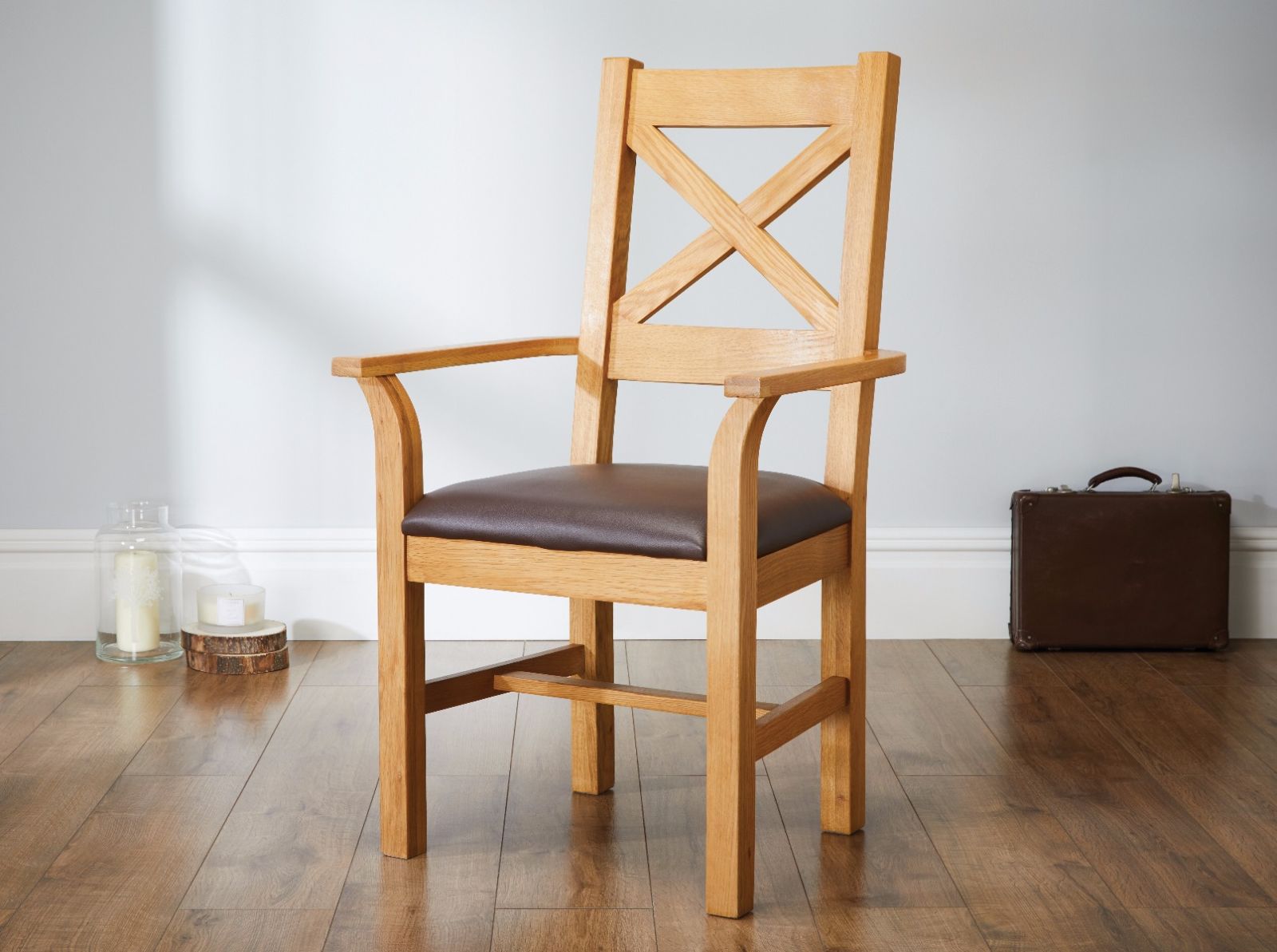 Windermere Cross Back Oak Carver Dining Chair With Brown Leather Seat - £50 OFF FLASH SALE Windermere Cross Back Oak Carver Dining Chair With Brown Leather Seat - £50 OFF FLASH SALE