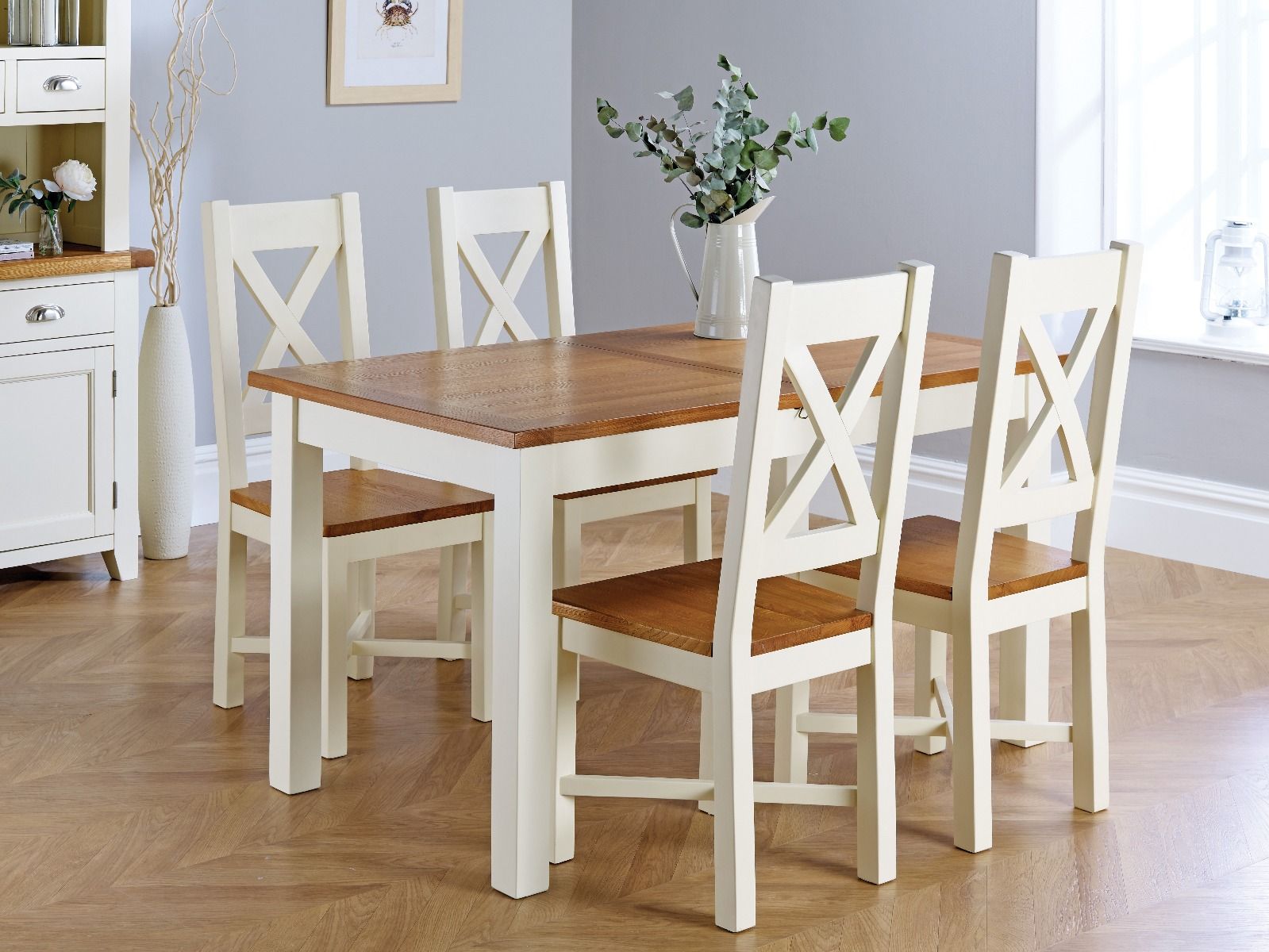 Country Oak 180cm Cream Painted Extending Dining Table and 4 Grasmere Cream Painted Chairs - SUMMER SALE Country Oak 180cm Cream Painted Extending Dining Table and 4 Grasmere Cream Painted Chairs - SUMMER SALE