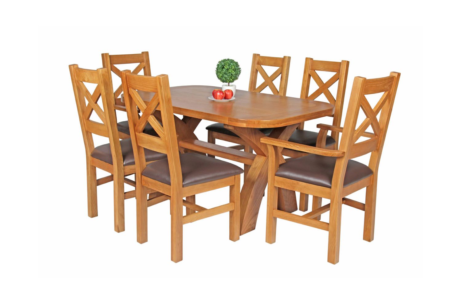Country Oak 140cm X Leg Oval Table 4 Windermere Brown Leather Chairs and 2 Windermere Carver Chairs - SUMMER SALE Country Oak 140cm X Leg Oval Table 4 Windermere Brown Leather Chairs and 2 Windermere Carver Chairs - SUMMER SALE