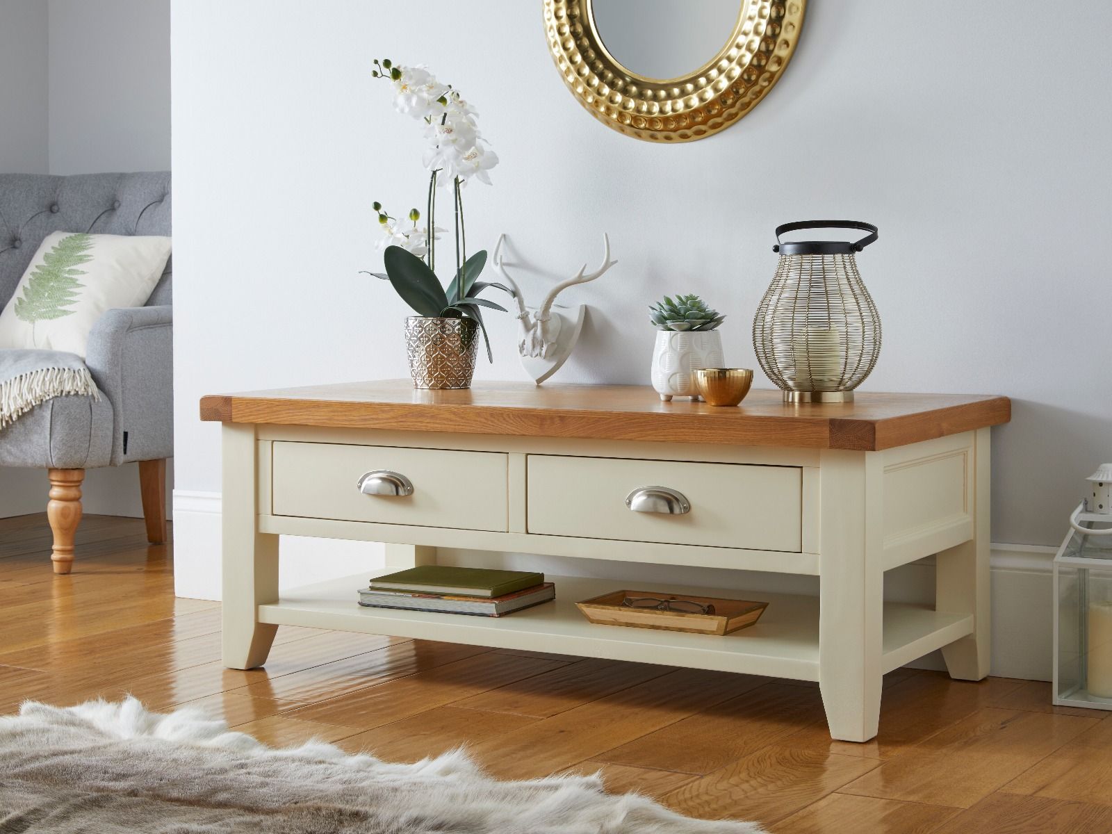 Country Cottage Cream Painted Large 4 Drawer Oak Coffee Table With Shelf - SUMMER SALE