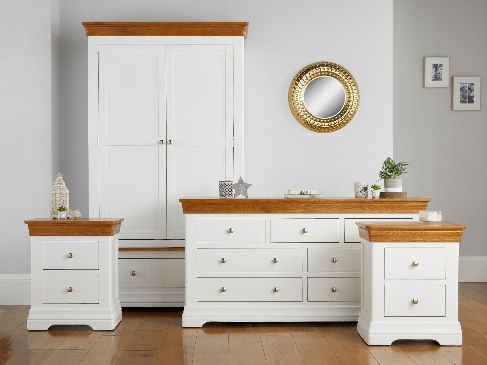 Farmhouse White Painted Oak Bedroom Set, Double Wardrobe, Large Chest of Drawers and Pair of Bedside Tables - SUMMER SALE Farmhouse White Painted Oak Bedroom Set, Double Wardrobe, Large Chest of Drawers and Pair of Bedside Tables - SUMMER SALE