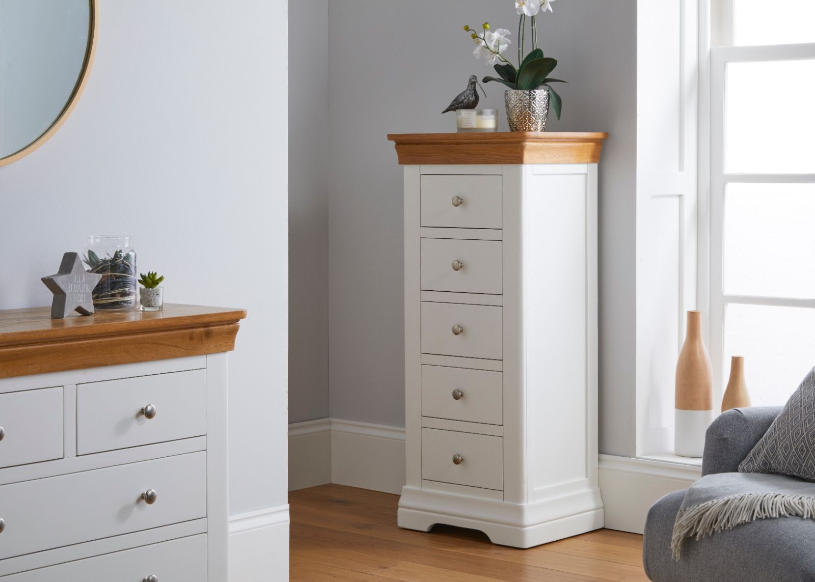 Farmhouse White Painted 5 Drawer Oak Tallboy Chest of Drawers - SUMMER SALE Farmhouse White Painted 5 Drawer Oak Tallboy Chest of Drawers - SUMMER SALE