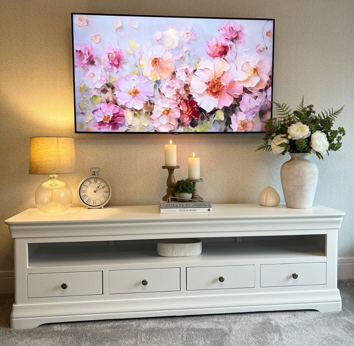 Toulouse White Painted Grande 1.8m Large TV Unit With 4 Drawers - £140 OFF SUMMER SALE Toulouse White Painted Grande 1.8m Large TV Unit With 4 Drawers - £140 OFF SUMMER SALE