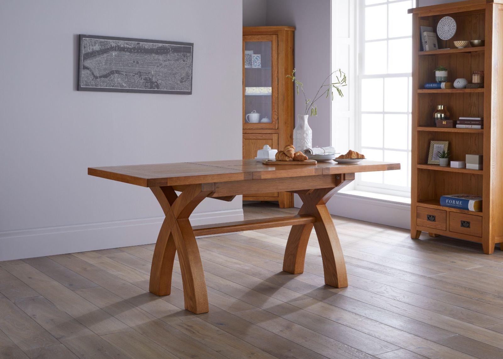 Country Oak 1.3 to 1.8m Cross Leg Oak Dining Table - £80 OFF SUMMER SALE Country Oak 1.3 to 1.8m Cross Leg Oak Dining Table - £80 OFF SUMMER SALE