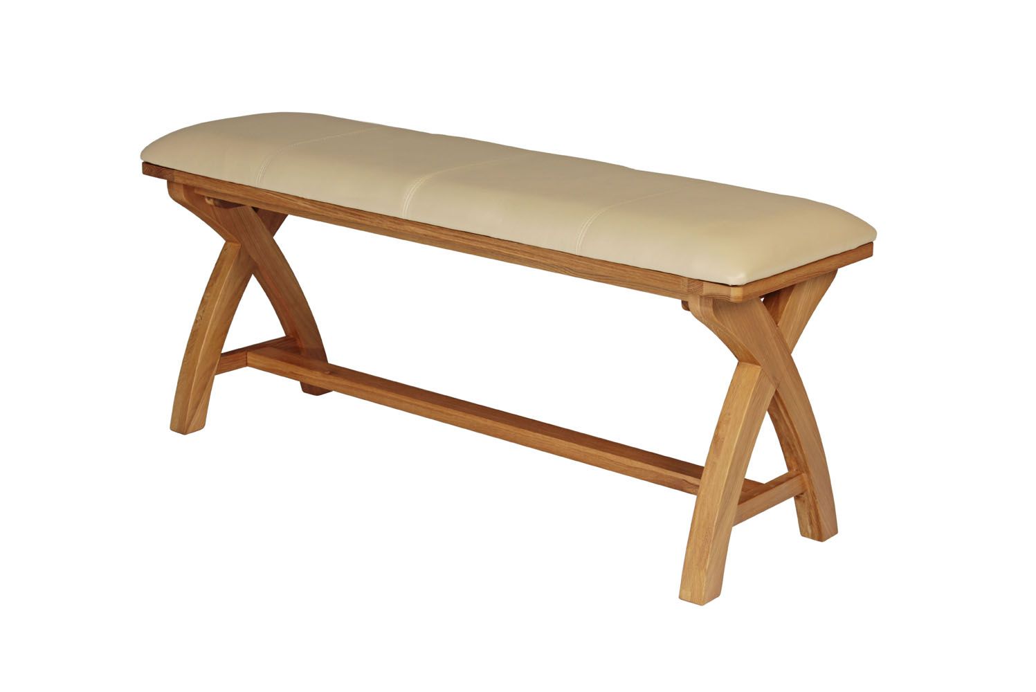 Cream Leather 1.6m Country Oak Cross Leg Bench - £60 OFF FLASH SALE Cream Leather 1.6m Country Oak Cross Leg Bench - £60 OFF FLASH SALE