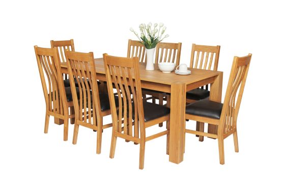 Cambridge 180cm Oak Dining Table 8 Chelsea Brown Leather Oak Chair Set - SUMMER SALE