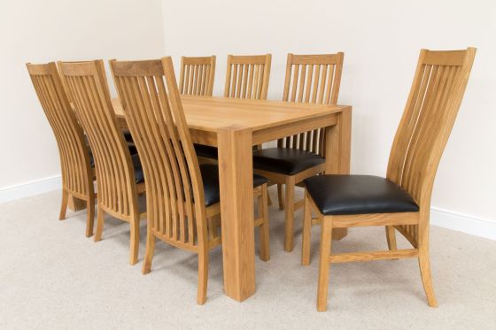 1.8m Cambridge Oak Table and 8 Lichfield Black Leather Dining Chairs Set
