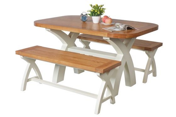 Country Oak 140cm cream painted dining table pair 120cm cross leg benches - SUMMER SALE