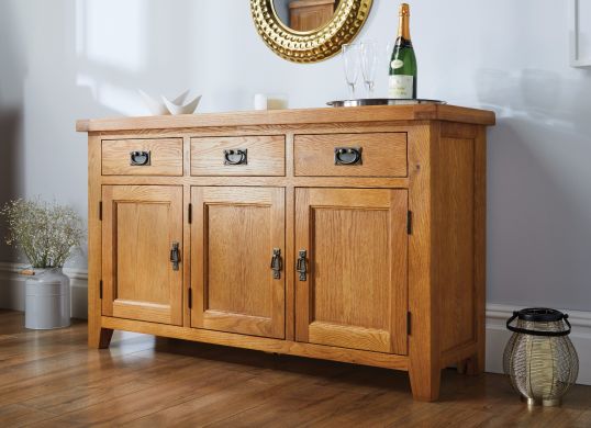 Country Oak 3 Door Fully Assembled 141cm Oak Sideboard - £100 OFF SUMMER SALE