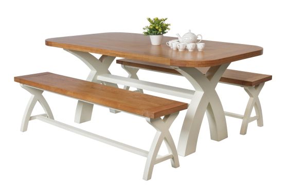 Country Oak 180cm cream painted dining table pair 160cm cross leg benches - SUMMER SALE