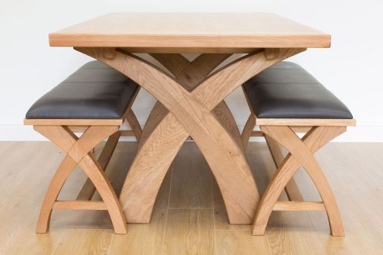 Country Oak 140cm X Leg Table and Pair of 120cm Dark Brown Leather Bench Dining Set - SUMMER SALE