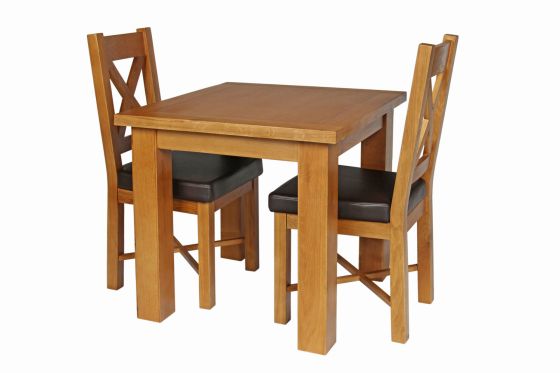 Country Oak 80cm Oak Table and 2 Grasmere Brown Leather Chair Set - SUMMER SALE