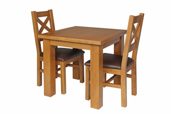 Country Oak 80cm Oak Table and 2 Windermere Brown Leather Chair Set - SUMMER SALE