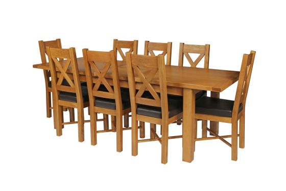 Country Oak 230cm Extending Oak Table and 8 Grasmere Brown Leather Seat Chair Set - SUMMER SALE