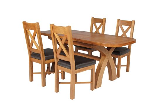 Country Oak 180cm Extending Cross Leg Rounded Corner Table and 4 Grasmere Brown Leather Chairs Set - SUMMER SALE