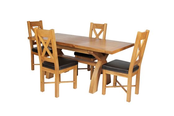 Country Oak 180cm Extending Cross Leg Table and 4 Grasmere Brown Leather Chairs - SUMMER SALE