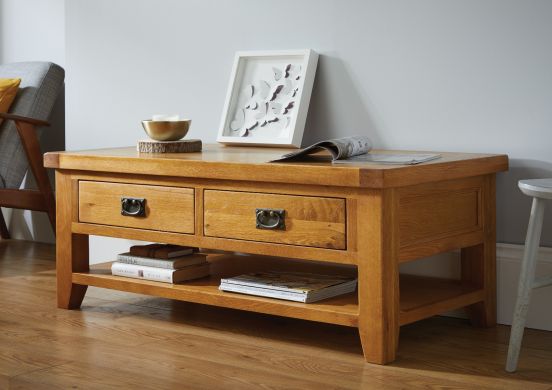 Country Oak Large 4 Drawer Coffee Table With Shelf - SUMMER SALE