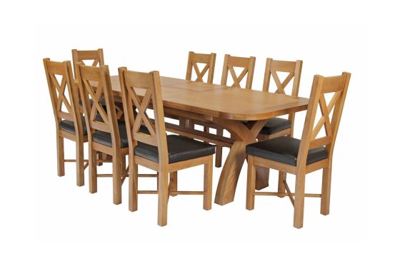 Country Oak 280cm Extending Cross Leg Oval Table and 8 Grasmere Brown Leather Chairs - SUMMER MEGA DEAL