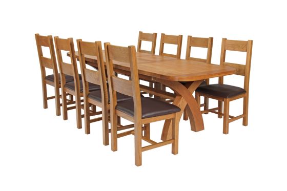 Country Oak 280cm Extending Cross Leg Oval Table and 8 Chester Brown Leather Chairs - SUMMER MEGA DEAL
