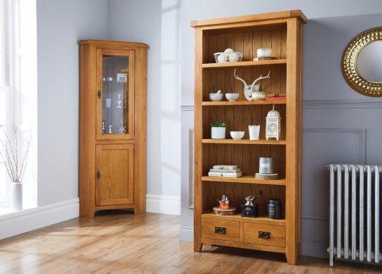 Country Oak Tall Fully Assembled Bookcase with Drawers - SUMMER SALE