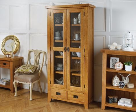 Country Oak Tall Glass Assembled Display Cabinet Unit - SUMMER SALE