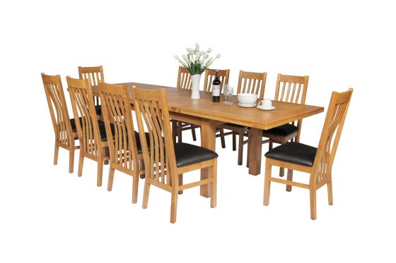 Country Oak 280cm Standard Leg Extending Table 10 Chelsea Brown Leather Chairs Set - SUMMER SALE