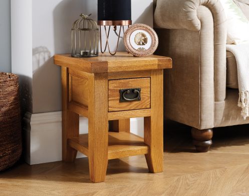 Country Oak Petite Lamp Table With Drawer Shelf - SUMMER SALE