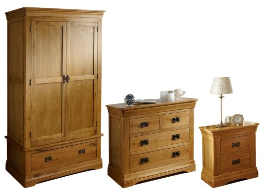Farmhouse Oak Bedroom Furniture Set - Double wardrobe, 2 over 2 chest & 2 drawer bedside - SUMMER SALE