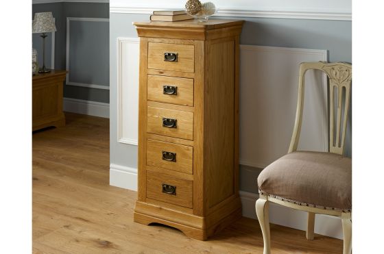 Farmhouse Country Oak 5 Drawer Tallboy Narrow Chest of Drawers - SUMMER SALE