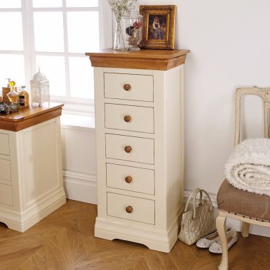 Farmhouse Country Oak Cream Painted 5 Drawer Tallboy Chest of Drawers - £20 OFF SUMMER SALE