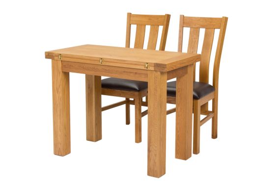 Lichfield Flip Top 100cm 50cm Oak Table 2 Churchill Brown Leather Oak Chair Set - SUMMER SALE