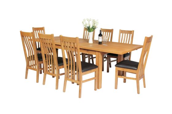 Lichfield Double Extending 240cm Oak Table 8 Chelsea Brown Leather Oak Chairs Set - SUMMER SALE